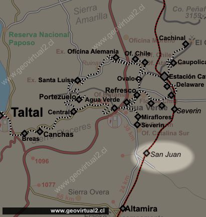 Mapa de la linea longitudinal en el desierto de Atacama, Chile