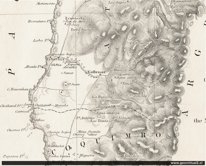 Historische Landkarte von Claudio Gay und Gillis: Copiapo und die Atacama-Wüste in Chile (südlicher Bereich)