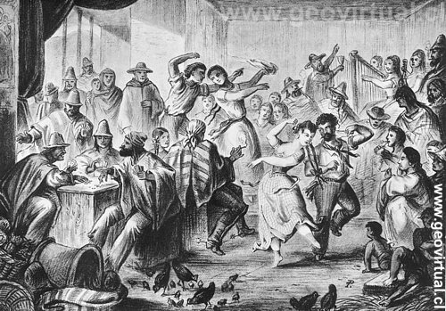Zeichnung von Paul Treutler: Bar und Tanz in Tres Puntas - Atacama, Chile um 1855