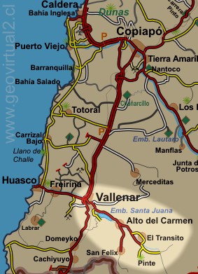Lage und Strassenkarte vom Huasco Tal in der Atacama Wüste in Chile