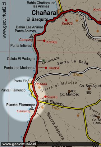 Strassenkarte des Bereiches von Chañaral und Küste in der Atacama Region von Chile