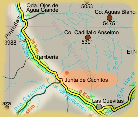 Strassenkarte von Junta de Cachito -Weg nach Pircas Negras (Atacama, Chile)
