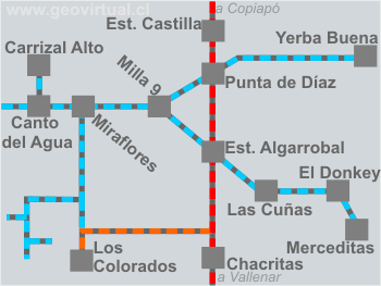 Plano esquematico del ferrocarril Carrizal - Algarrobal - Merceditas en Atacama, Chile
