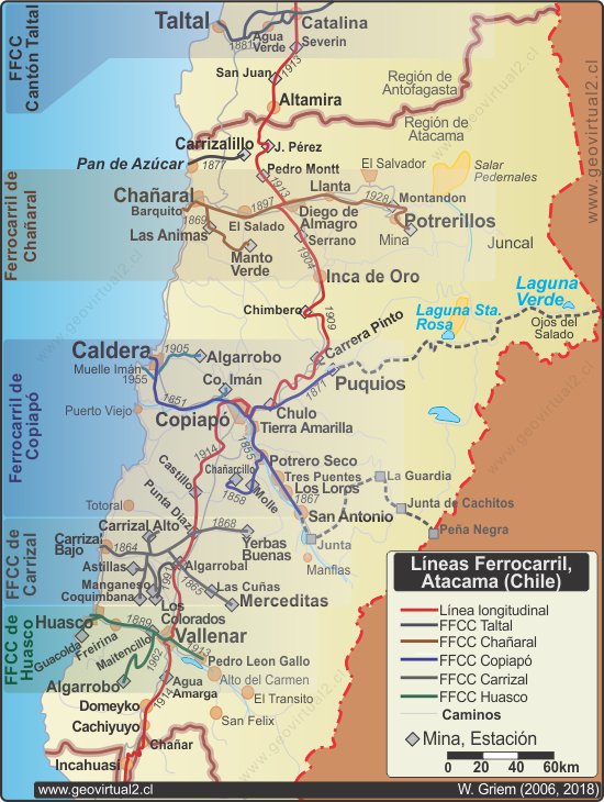 Map of the historical Railroad Network in the Atacama Region, Chile