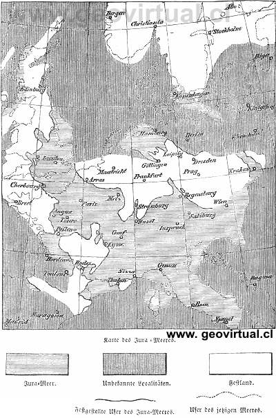 oc�ano del jur�sico - reconstrucci�n de la facies jur�sica en Europa - de Rossm�ssler 1863