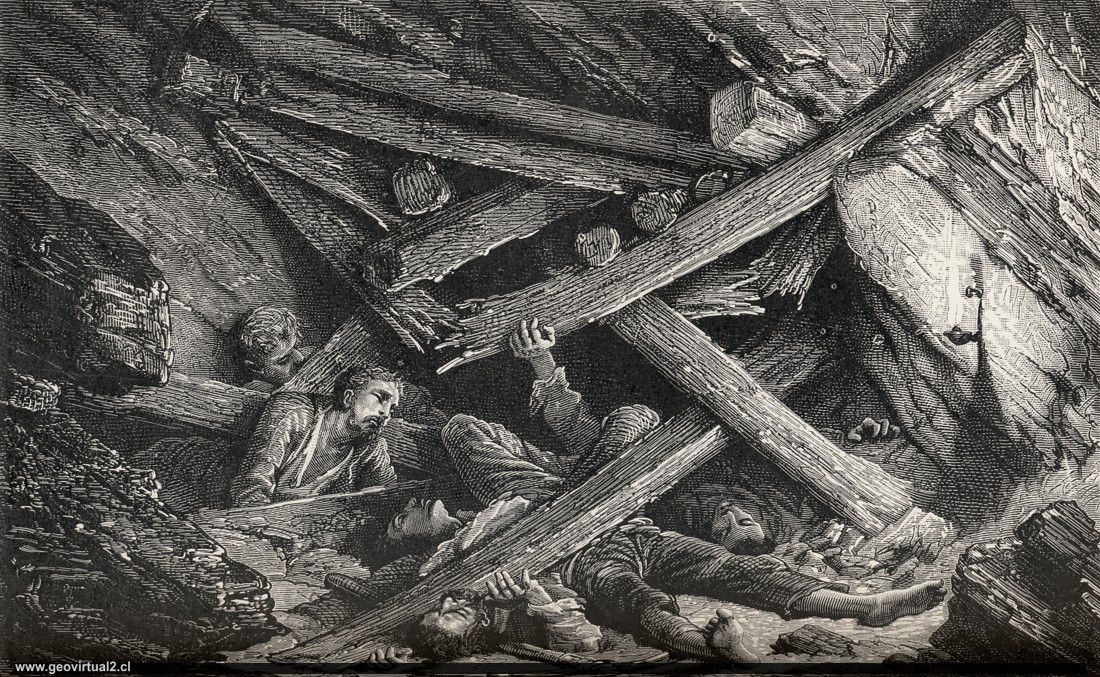 Derrumbe en una mina (Simonin, 1869)
