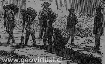 Mineros suben de la mina Esperanza de Tres Puntas, retrato de Tornero (1872)