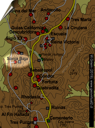 Mapa de la ubicación de la mina Sonia Baja en Inca de Oro, Atacama, Chile