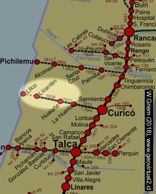 Mapa del ramal Liquantén, Chile