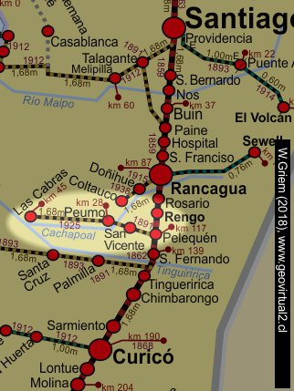 Mapa del ramal Las Cabras, sur de Rancagua, Chile
