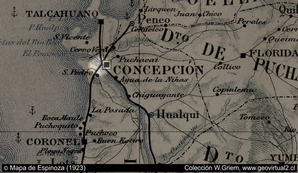 Mapa de Espinoza 1923, puente Biobio, Chile