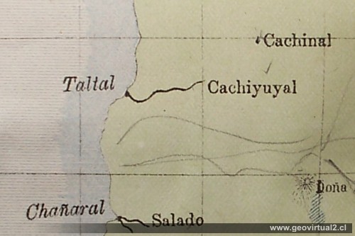 Karte von Bertrand 1885: Eisenbahn von Taltal nach Cachiyuyal