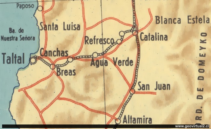 Carta de 1962, líneas ferreas de Taltal en el desierto de Atacama