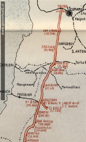 Karte der longitudinalen Eisenbahnlinie in Chile - Vallenar