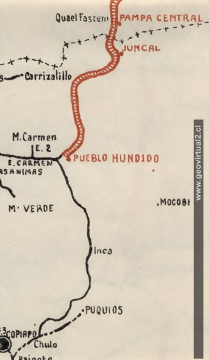 Karte der longitudinalen Eisenbahnlinie in Chile - Pueblo Hundido