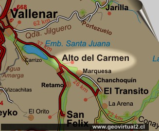 Strassenkarte des Huascotales bei Alto de Carmen in der Atacama Region in Chile