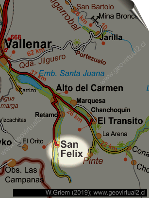 Strassenkarte vom Bereich San Felix in der Atacama Region - Chile 