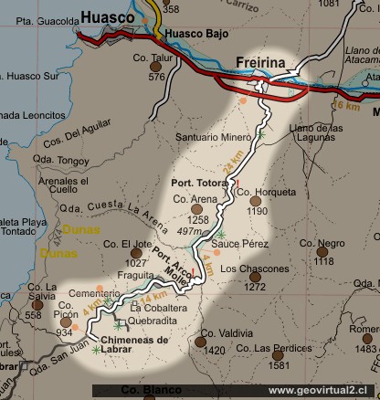 Carta de la ruta Freirina a Labrar en la Región de Atacama, Chile