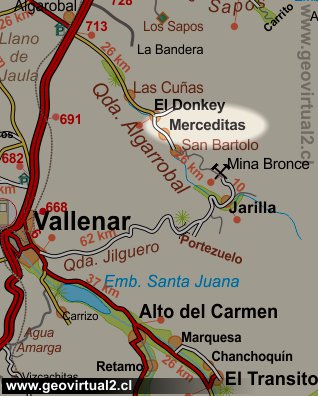 Strassenkarte zwischen Vallenar und Algarrobal in der Atacama Wüste Chile