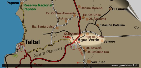 Mapa del sector salitrero Taltal: Aguas Verdes - Desierto de Atacama