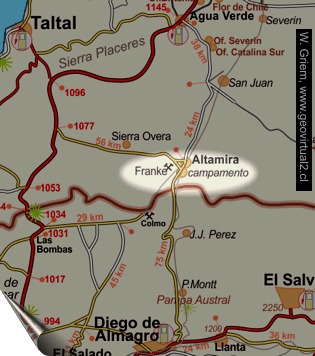 Strassenkarte im Bereich der südlichsten Salpetergebiete in der Atacama Wüste - Chile