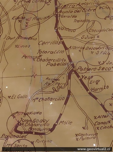Mapa de la línea ferrea a Chañarcillo, Región de Atacama, Chile