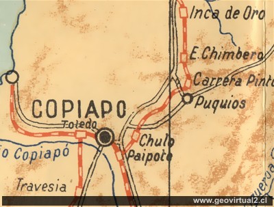 Carta del treayecto ferrocarril entre Copiapó y Puquios en 1947
