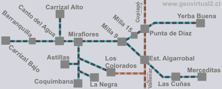 Mapa de los trayectos ffcc de Carrizal - Atacama, Chile 
