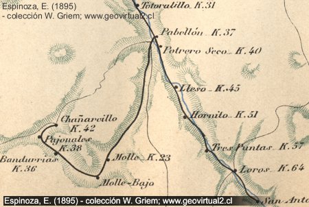 Karte der Eisenbahnlinie nach Chañarcillo, Atacama (Espinoza, 1895)
