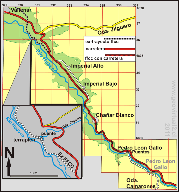 carta del trayecto de la ex linea ferrea entre Valllenar y Pedro Leon Gallo en Atacama, Chile