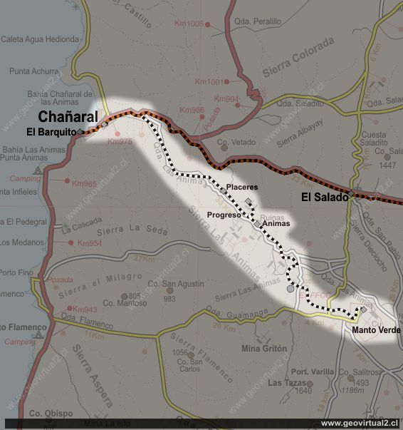 Mapa del ferrocarril  del sector de la Animas - Los Pozos