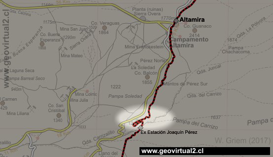 Mapa entre Altamira y estación Joaquin Perez en el desierto de Atacama