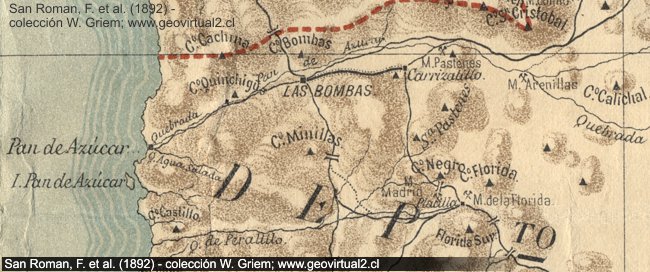 Línea ferrocarril las Bombas a Carrizalillo: Mapa de San Román, 1892, Chile