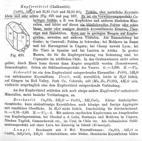 Chalcantita - Kupfervitriol, texto de Max Bauer 1904