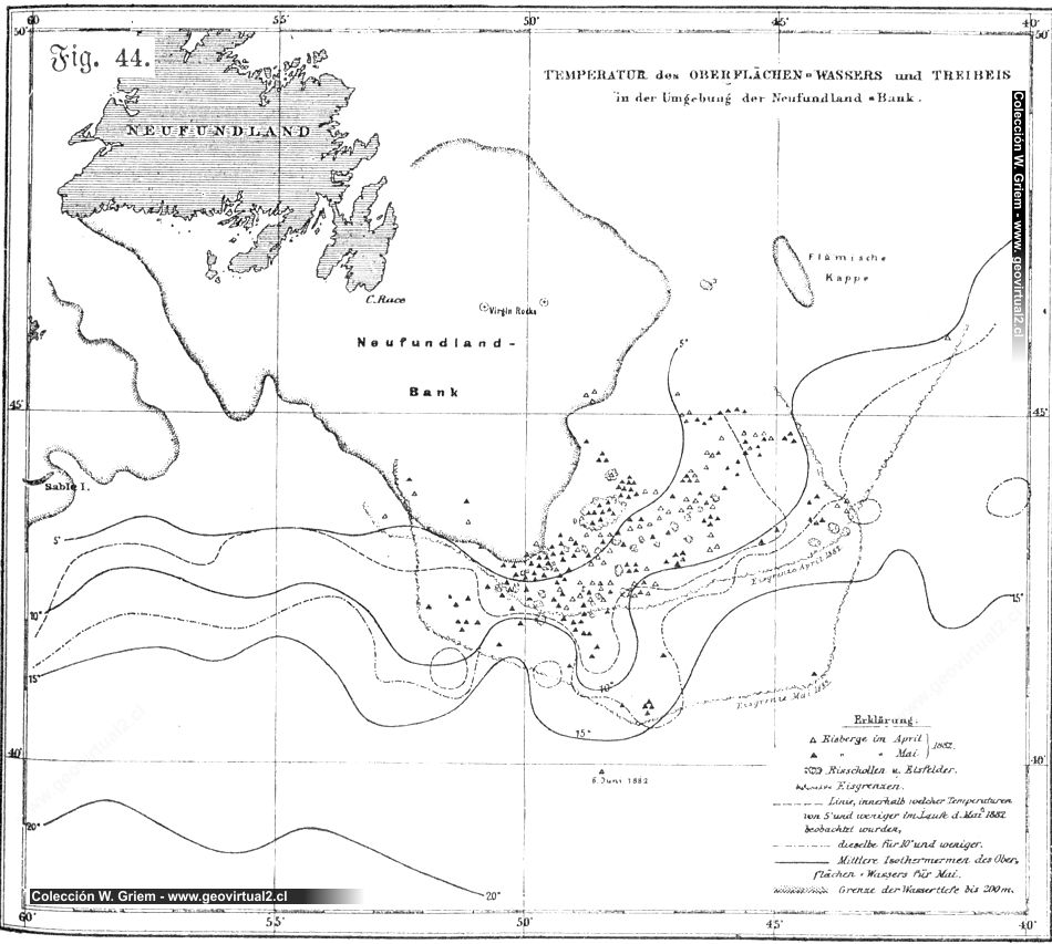 Krümmel (1886): Eisberge bei Neufundland, Wassertemperatur