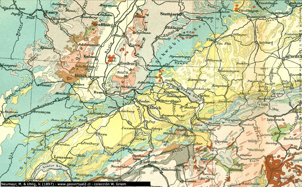 Geologische Karte der Juraketten und Schweiz (Neumayr & Uhlig, 1897)