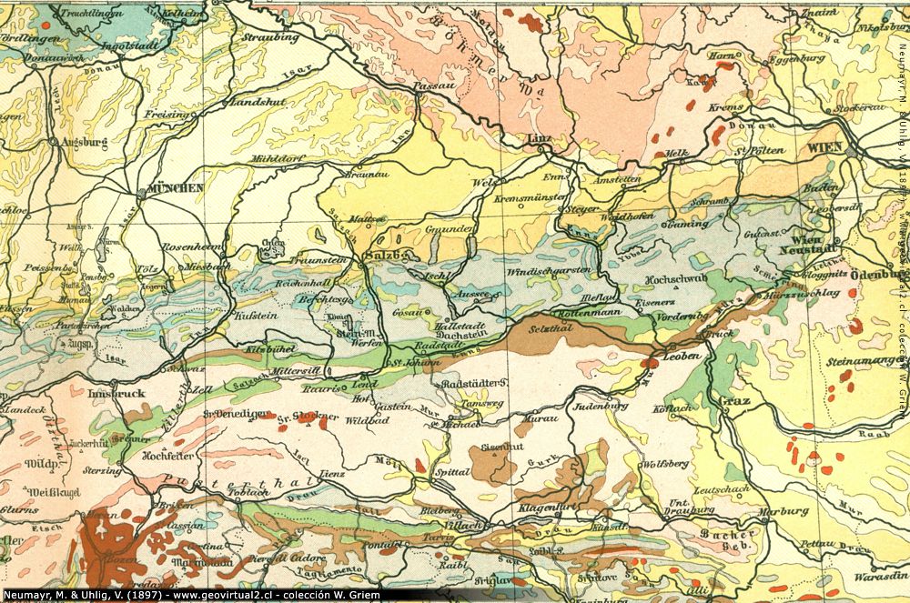 Geologische Karte, Bayern, nördliches Alpenvorland (Neumayr & Uhlig, 1897)