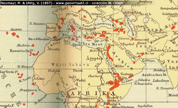 Neumayr & Uhlig (1897): Karte der Vulkane der Erde: Afrika