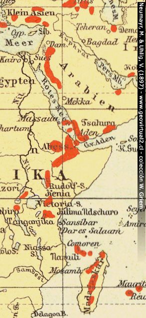 Neumayr & Uhlig (1897): Karte der Vulkane der Erde: Ostafrika
