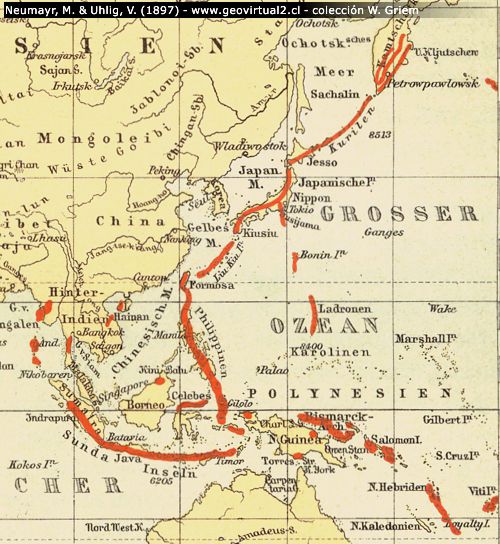 Neumayr & Uhlig (1897): Karte der Vulkane der Erde - Polynesien 1