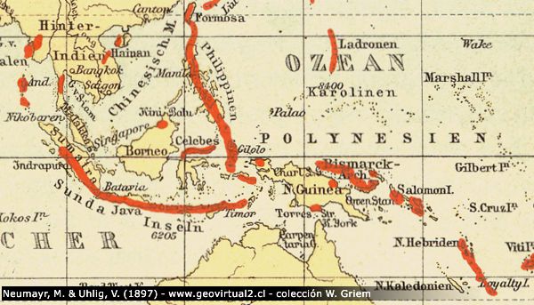 Neumayr & Uhlig (1897): Karte der Vulkane der Erde - Polynesien 2