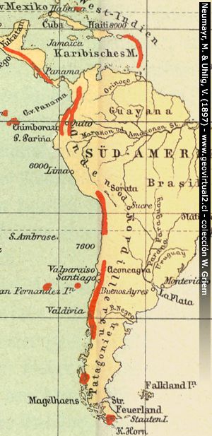 Neumayr & Uhlig (1897): Karte der Vulkane der Erde - Südamerika