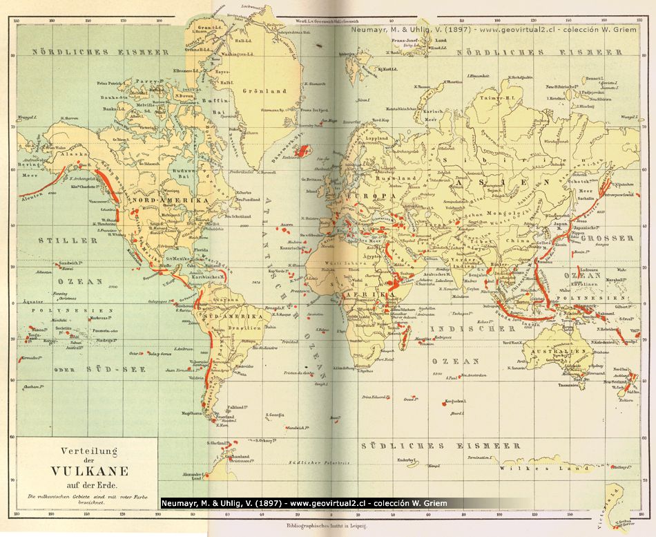 Neumayr & Uhlig (1897): Karte der Vulkane der Erde