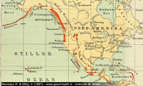 Neumayr & Uhlig (1897): Karte der Vulkane der Erde - Nordamerika