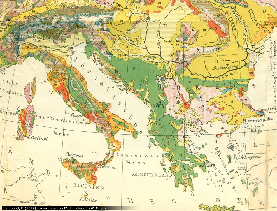 Gelogische Karte von Italien, Griechenland und Türkei - Südosteuropa - Siegmund, 1877