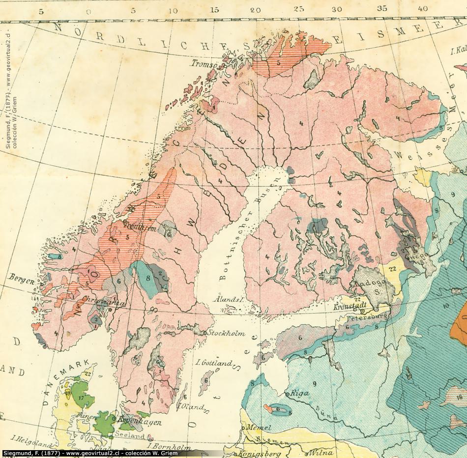 Geologische Karte von 1877: Skandinavien