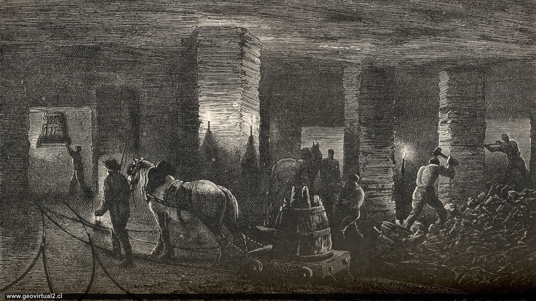 Mina de carbon con mineros trabajando - Simonin 1869