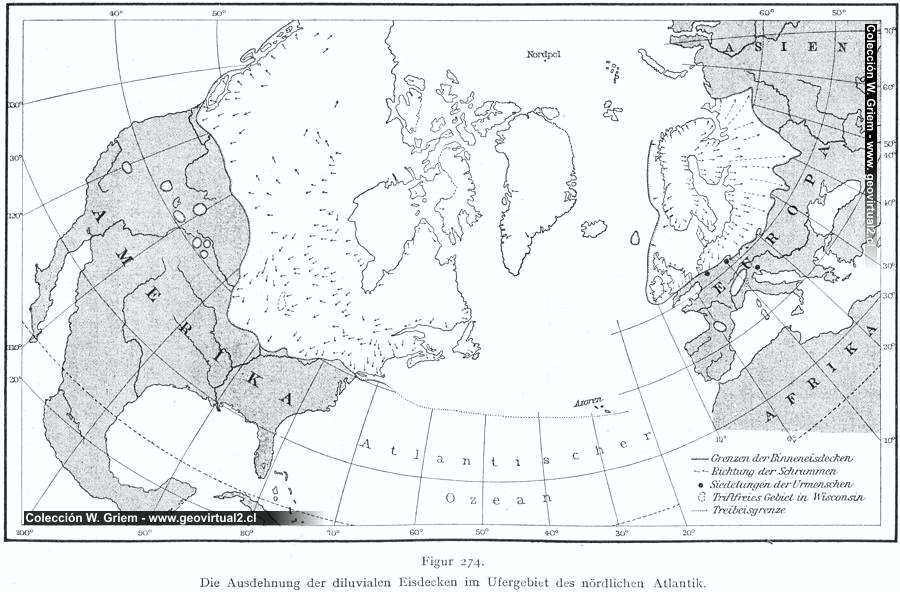 Walther, 1908: Ausdehnung des diluvialen Eises (total)
