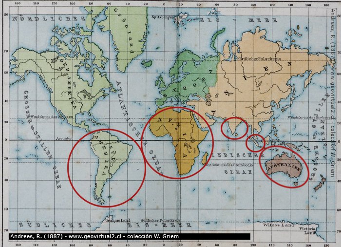 Mapa de los continentes de Gondwana - Andrees 1887