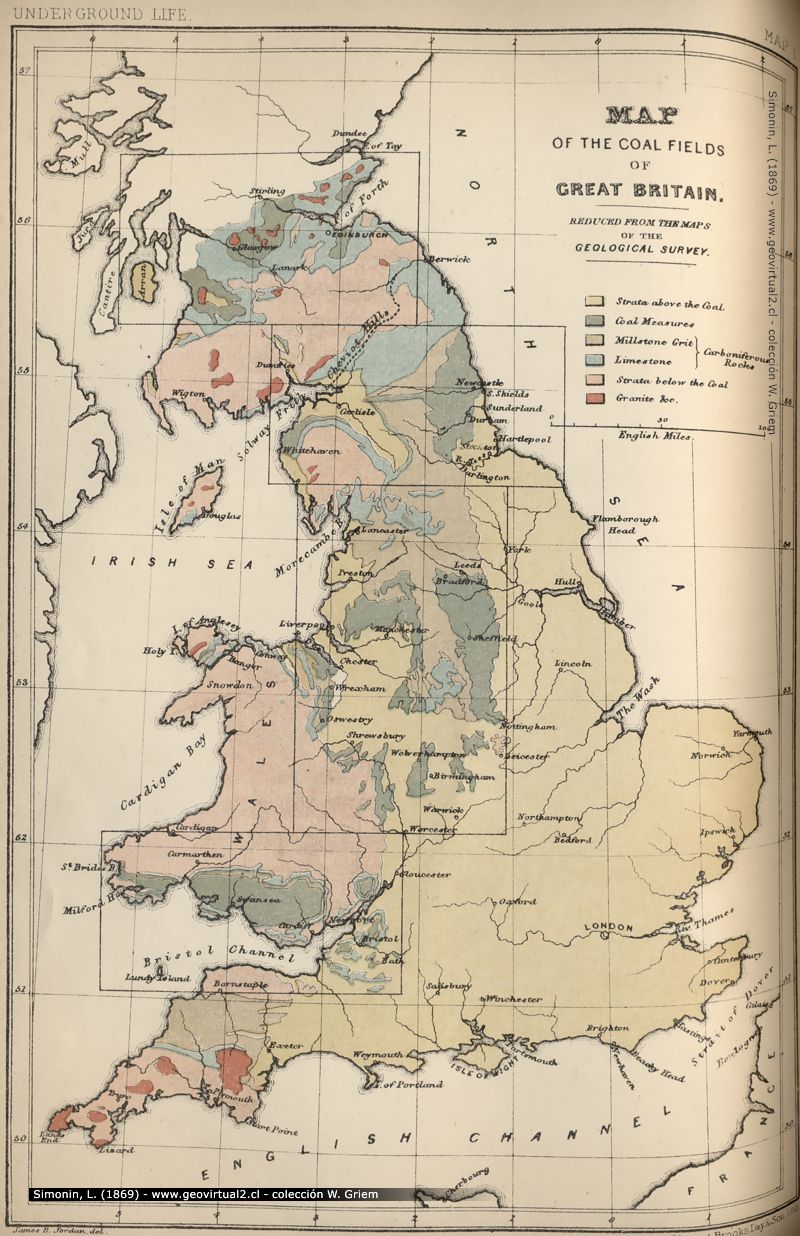 Geologische - Lagerstättenkundliche Karte von England - Simonin, 1869